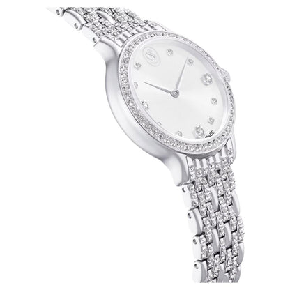 Silver watch with diamond-studded bracelet on a white background