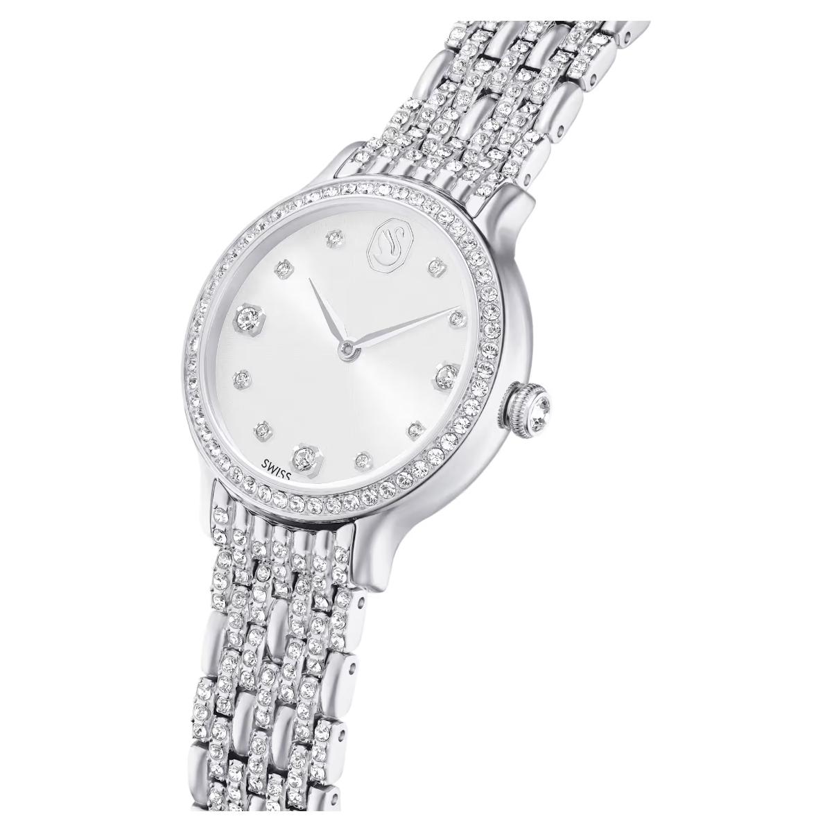 Silver watch with diamond-studded bracelet on a white background