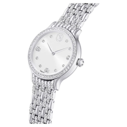 Silver watch with diamond-studded bracelet on a white background
