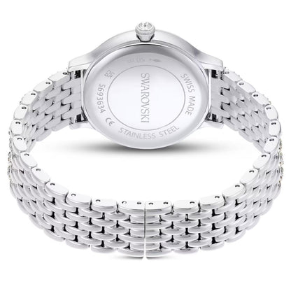 Silver Swarovski watch with metal band on a white background