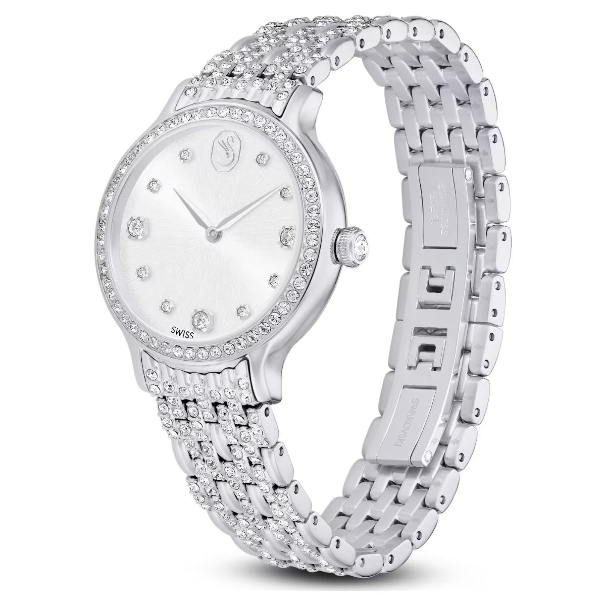 Silver watch with diamond-studded bracelet on a white background