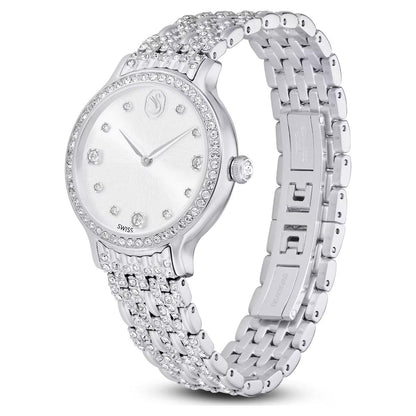 Silver watch with diamond-studded bracelet on a white background