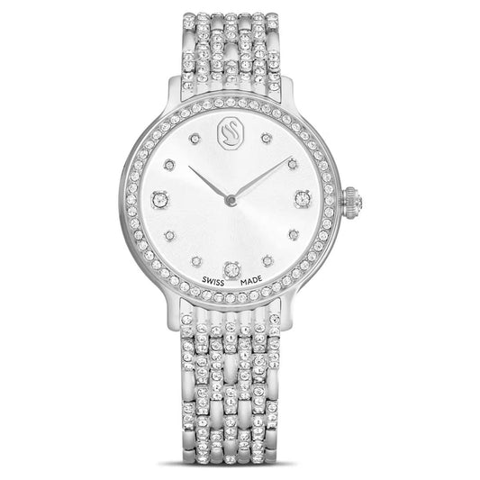 Silver watch with crystal embellishments on a white background