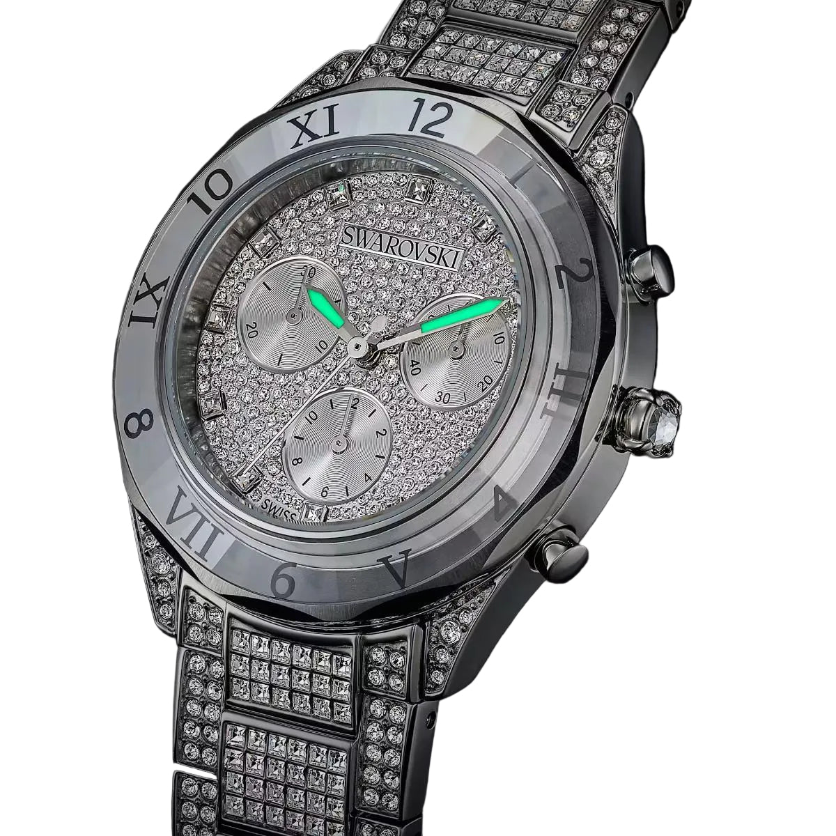 Luxury Swarovski watch with diamond-studded case and strap on a black background