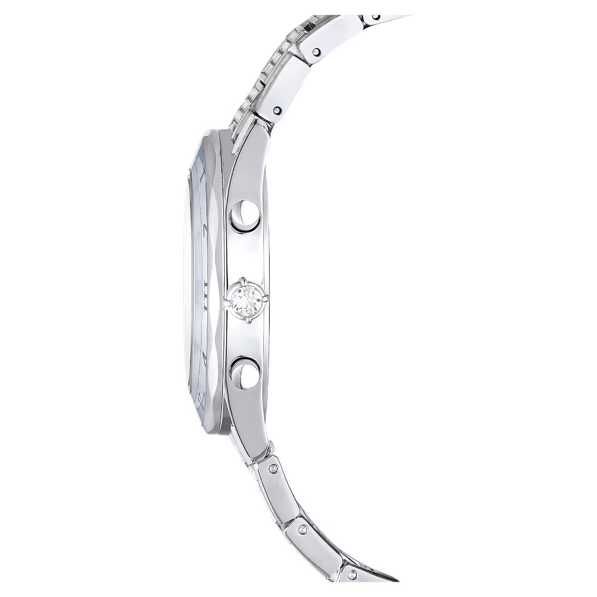 Close-up of a silver watch with a diamond on a white background