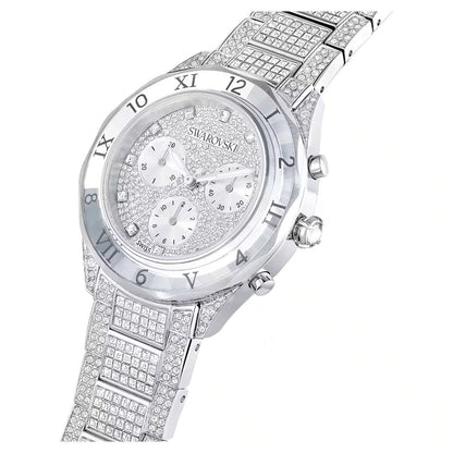 Silver Swarovski watch with crystal-encrusted band on a white background