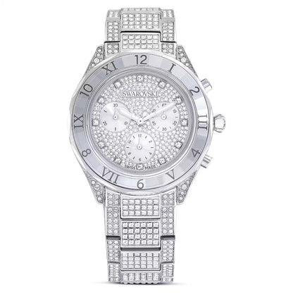 Silver Swarovski watch with crystal-encrusted face and band on a white background