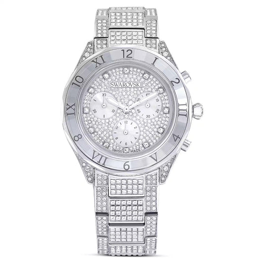 Silver Swarovski watch with crystal-encrusted face and band on a white background