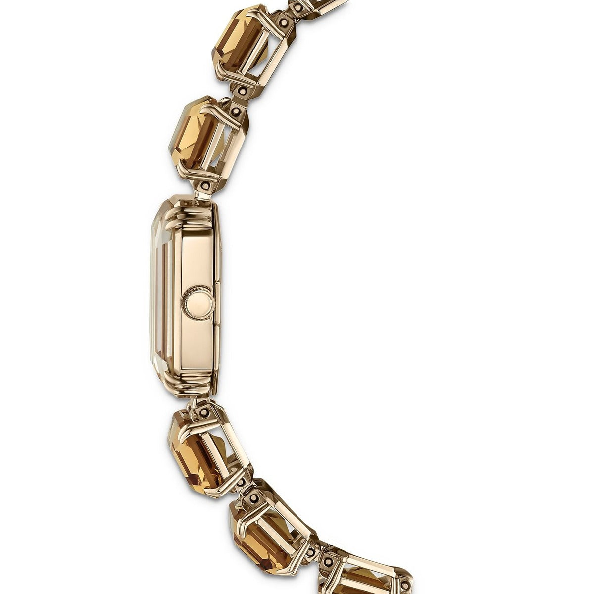 Gold bracelet with clear gemstones on a white background