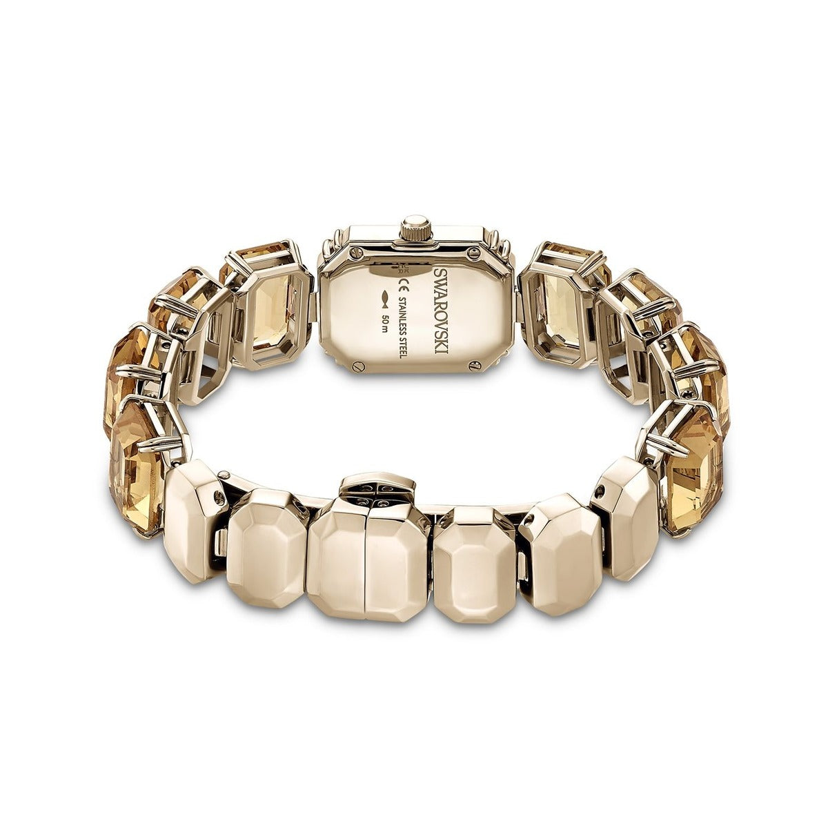 Gold bracelet with a Swarovski logo on a white background