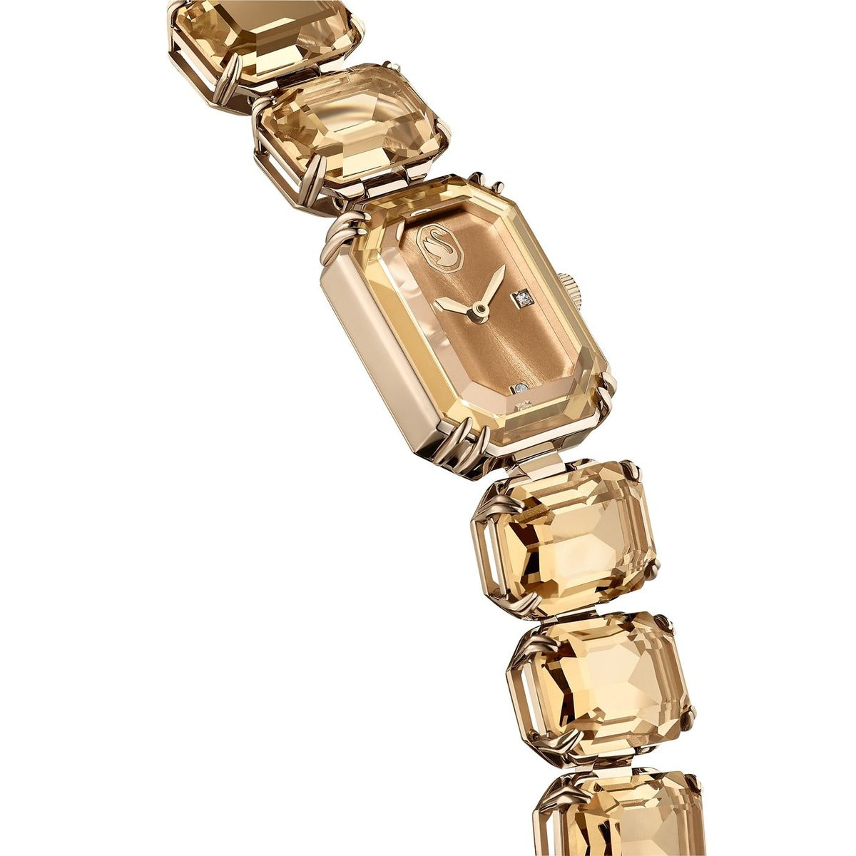 Gold watch with gemstone-like bracelet on a white background