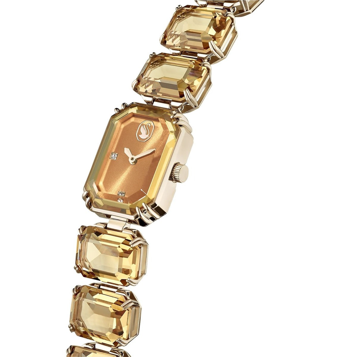 Gold watch with citrine-colored gemstones on a white background