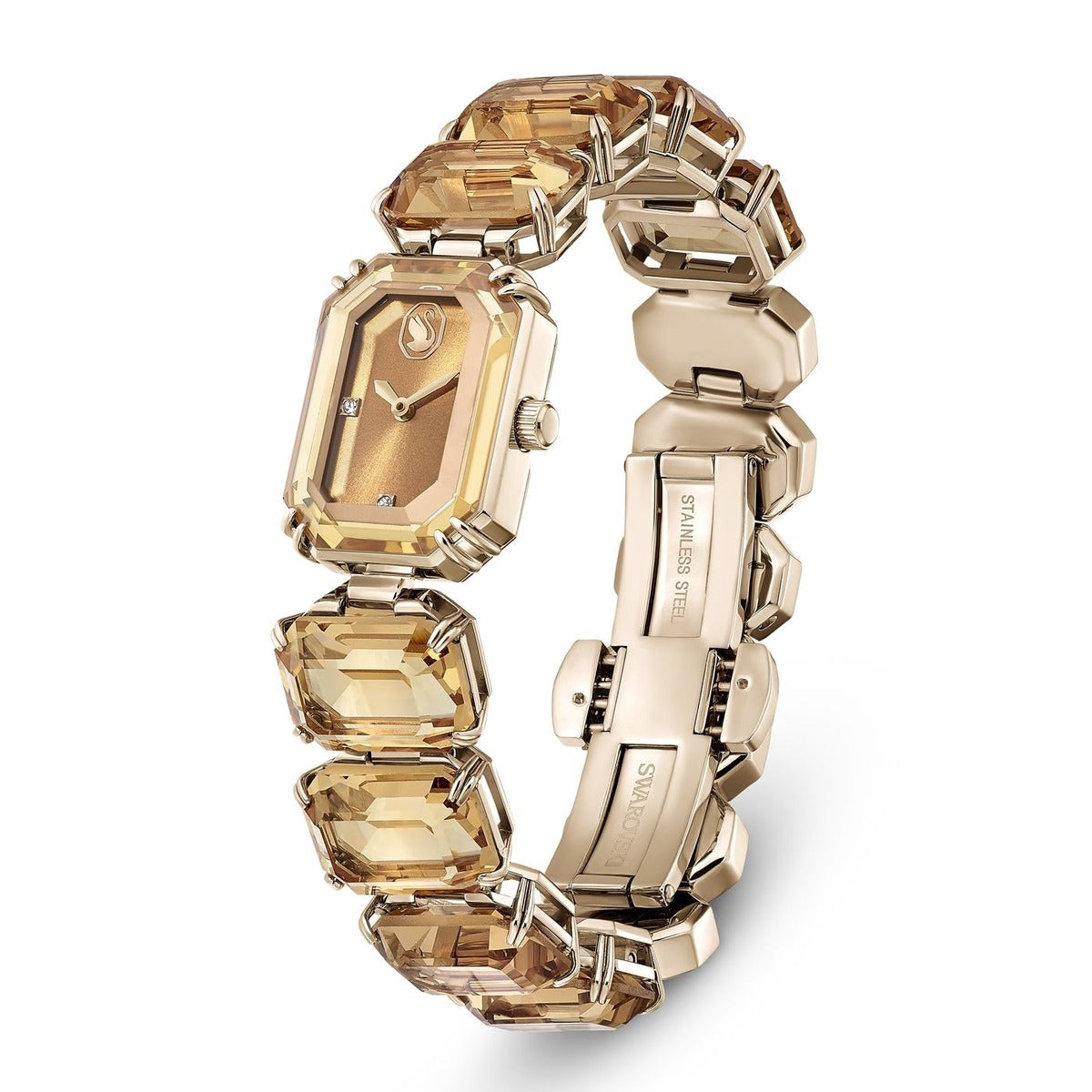 Gold watch with a decorative band on a white background