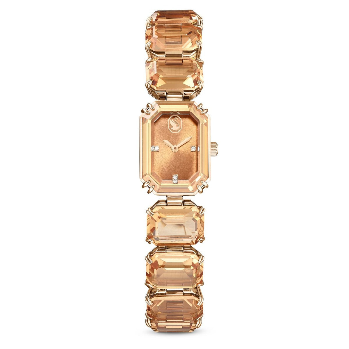 Rose gold watch with gemstone-like band on a white background