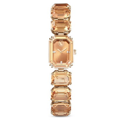Rose gold watch with gemstone-like band on a white background