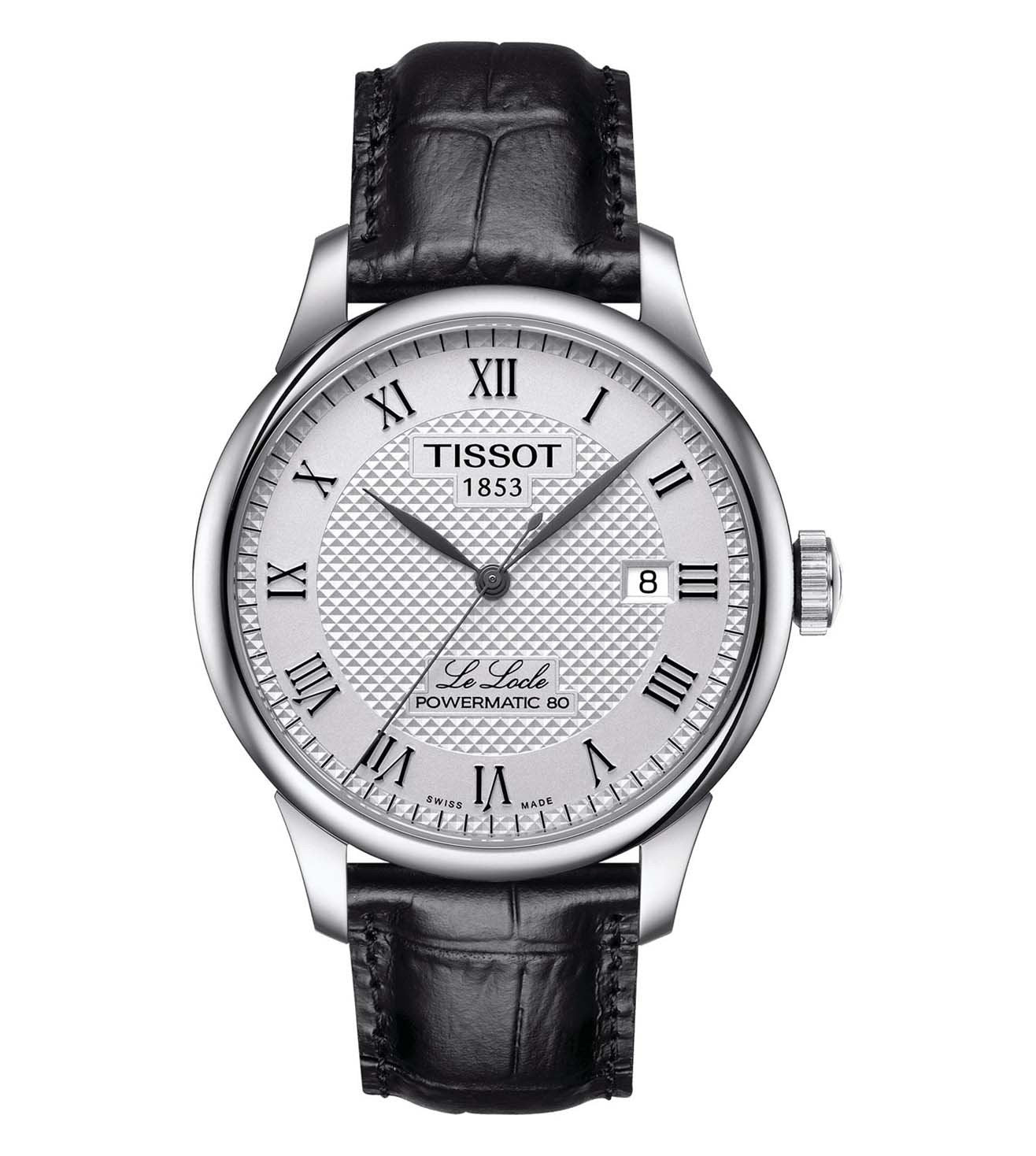 A TISSOT men's watch with a round silver dial, black leather strap, and a silver case. Features include a date display and a traditional analog design.