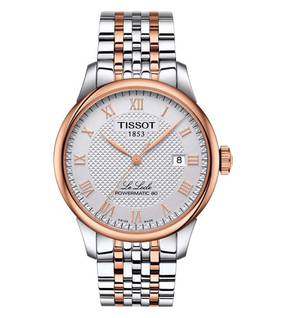 A TISSOT LE LOCLE men's watch with a stainless steel strap, a silver dial, and rose gold case with a date function.