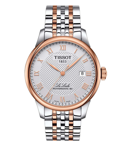 A TISSOT LE LOCLE men's watch with a stainless steel strap, a silver dial, and rose gold case with a date function.