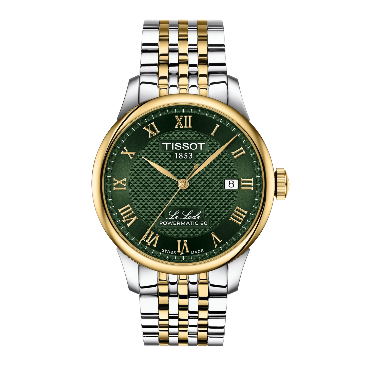 Tissot watch with green dial and two-tone metal bracelet on a white background