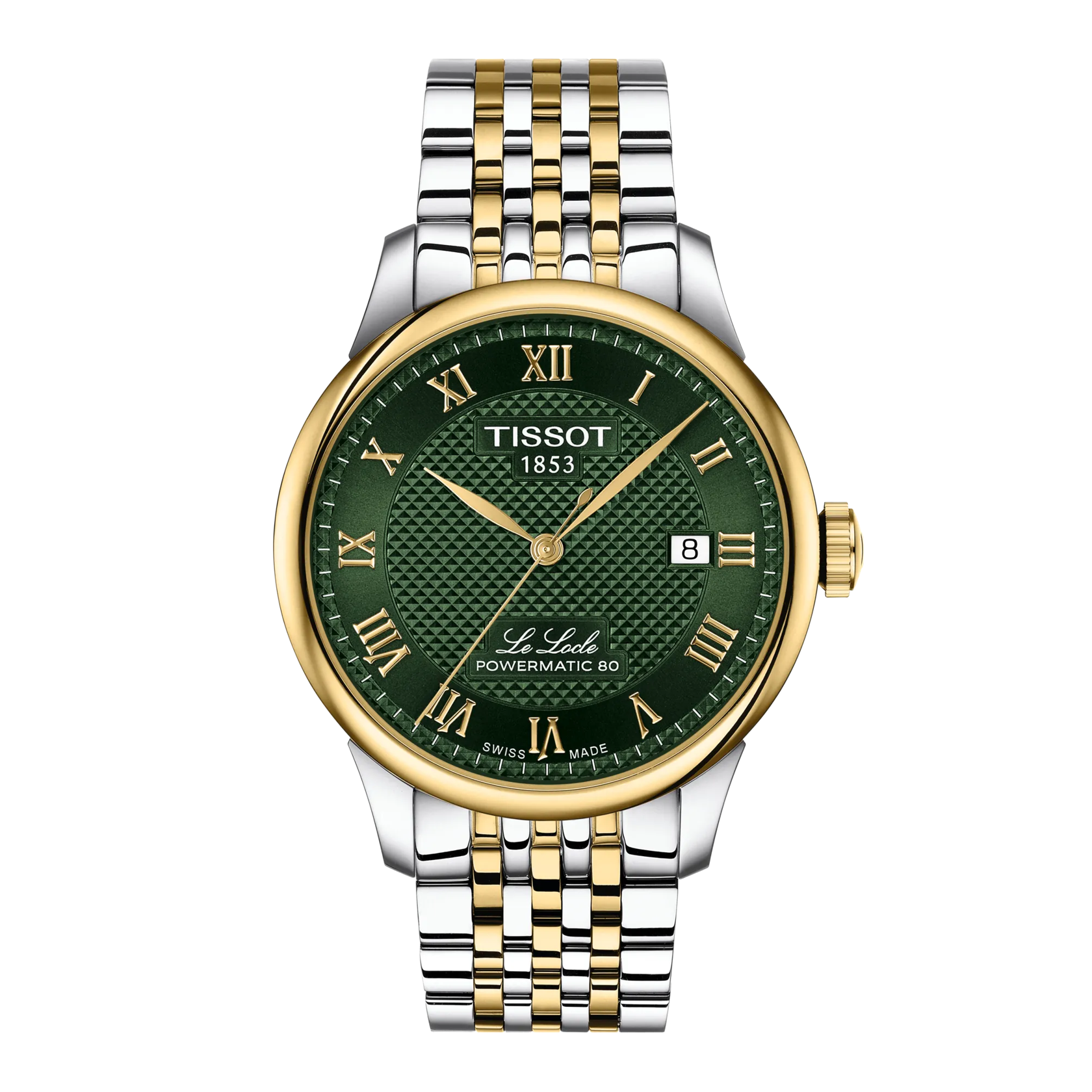 Tissot watch with green dial and two-tone metal bracelet on a white background