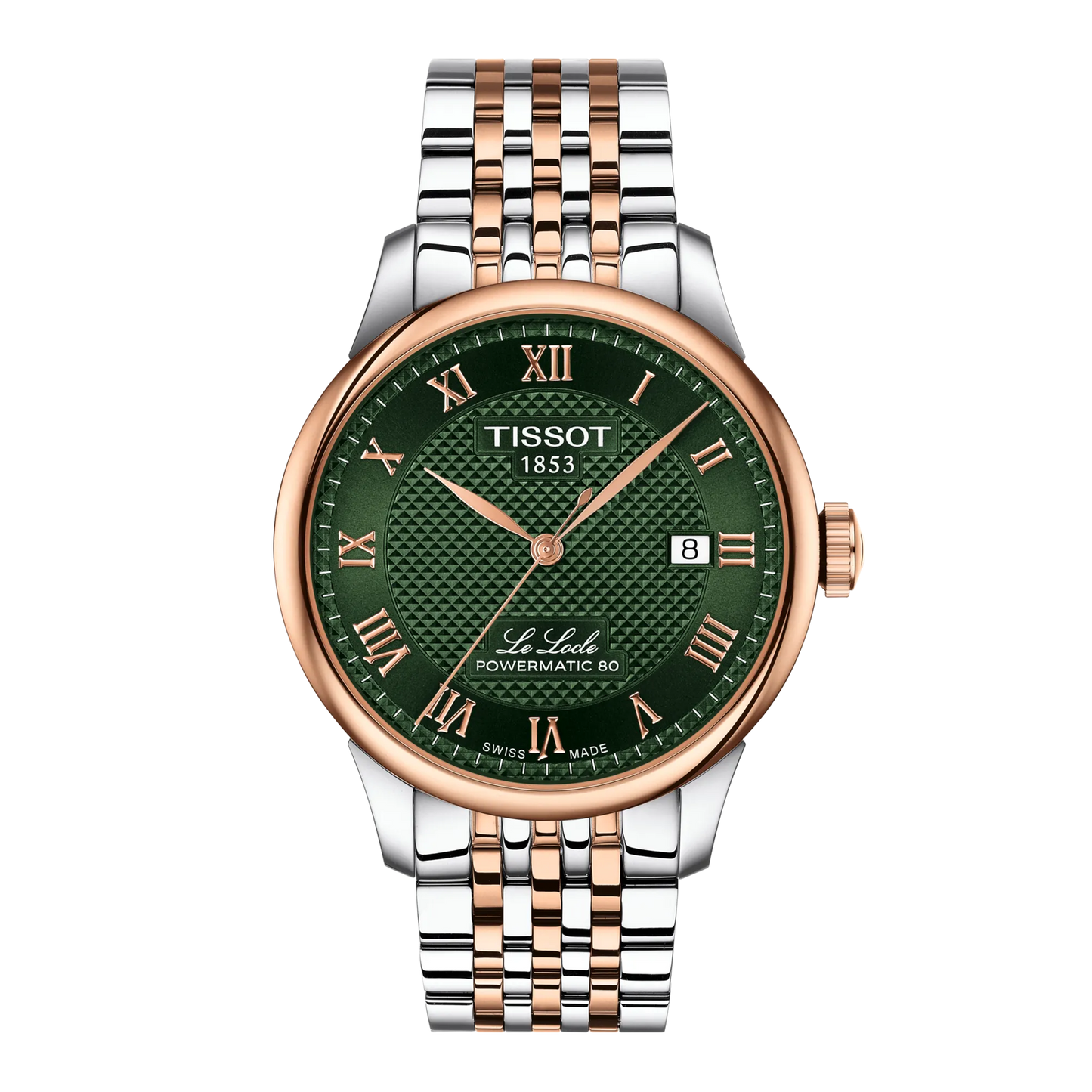 Tissot watch with green dial and rose gold accents on a white background