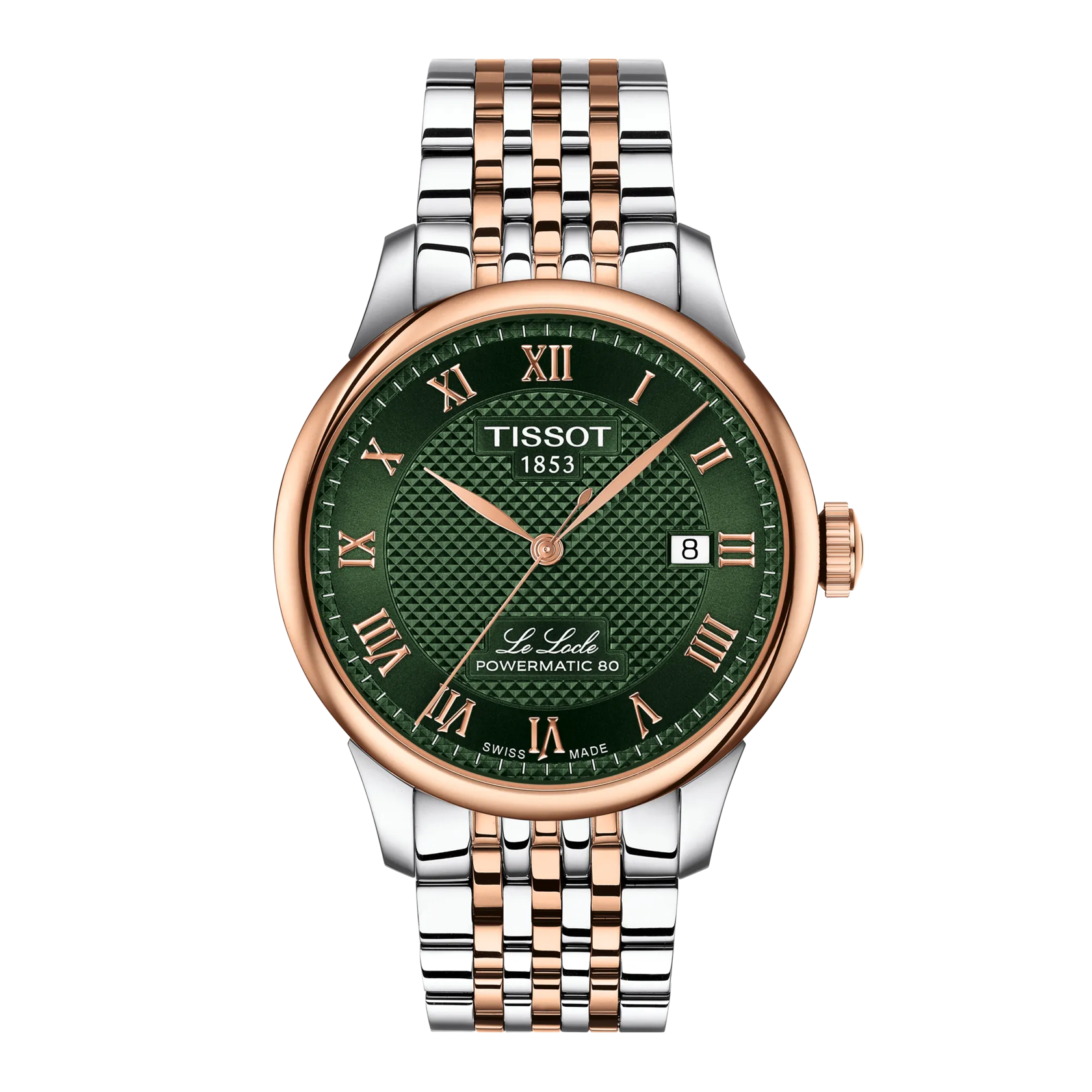 Tissot watch with green dial and rose gold accents on a white background