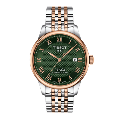 Tissot watch with green dial and rose gold accents on a white background