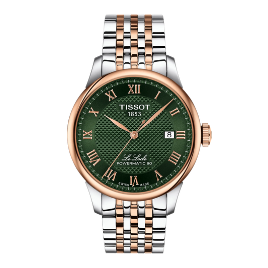Tissot watch with green dial and rose gold accents on a white background