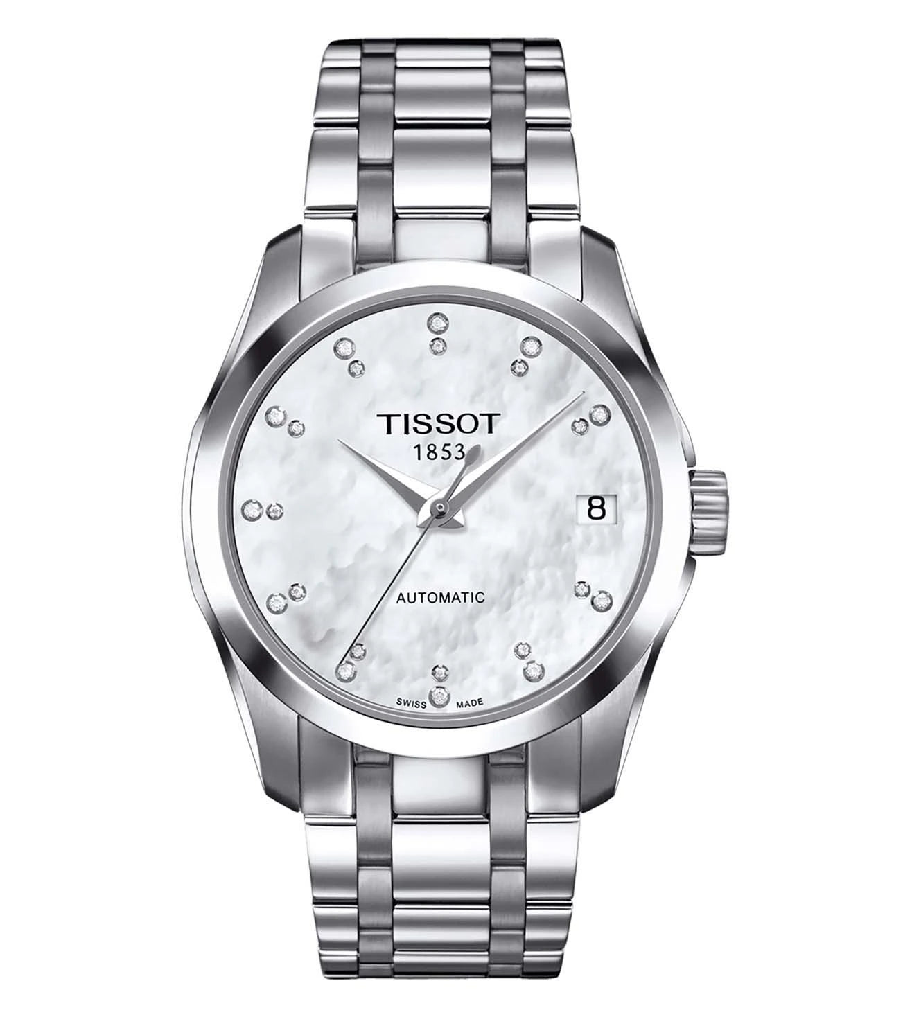 A TISSOT Couturier Automatic Lady watch with a round dial, stainless steel strap, and silver case.