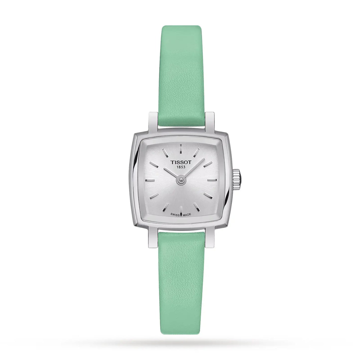 A Tissot T Lady watch with a silver dial and a green leather strap.