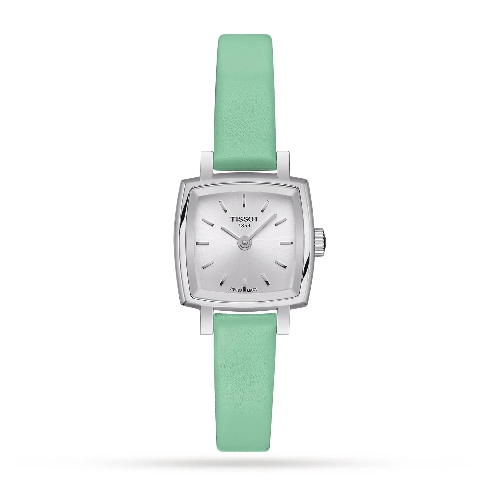 A Tissot T Lady watch with a silver dial and a green leather strap.