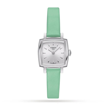 A Tissot T Lady watch with a silver dial and a green leather strap.