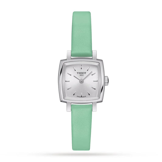 A Tissot T Lady watch with a silver dial and a green leather strap.