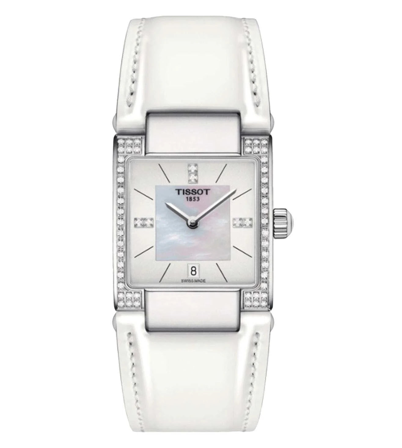 A white Tissot women's analog watch with a square dial, stainless steel strap, and a mother-of-pearl center.
