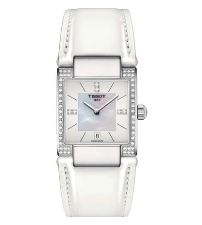 A white Tissot women's analog watch with a square dial, stainless steel strap, and a mother-of-pearl center.