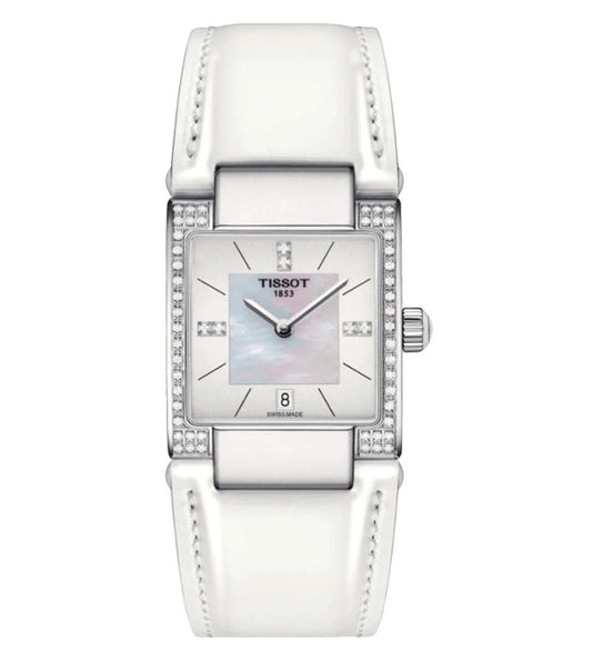 A white Tissot women's analog watch with a square dial, stainless steel strap, and a mother-of-pearl center.