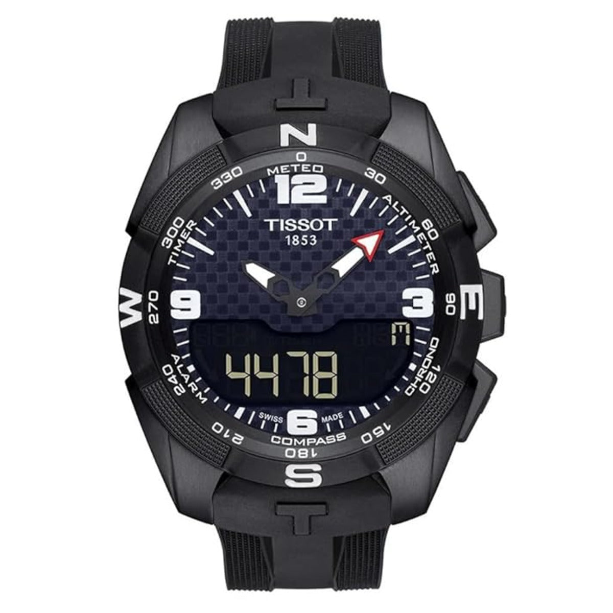 Black Tissot watch with digital and analog display on a white background