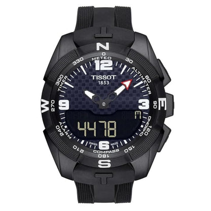 Black Tissot watch with digital and analog display on a white background