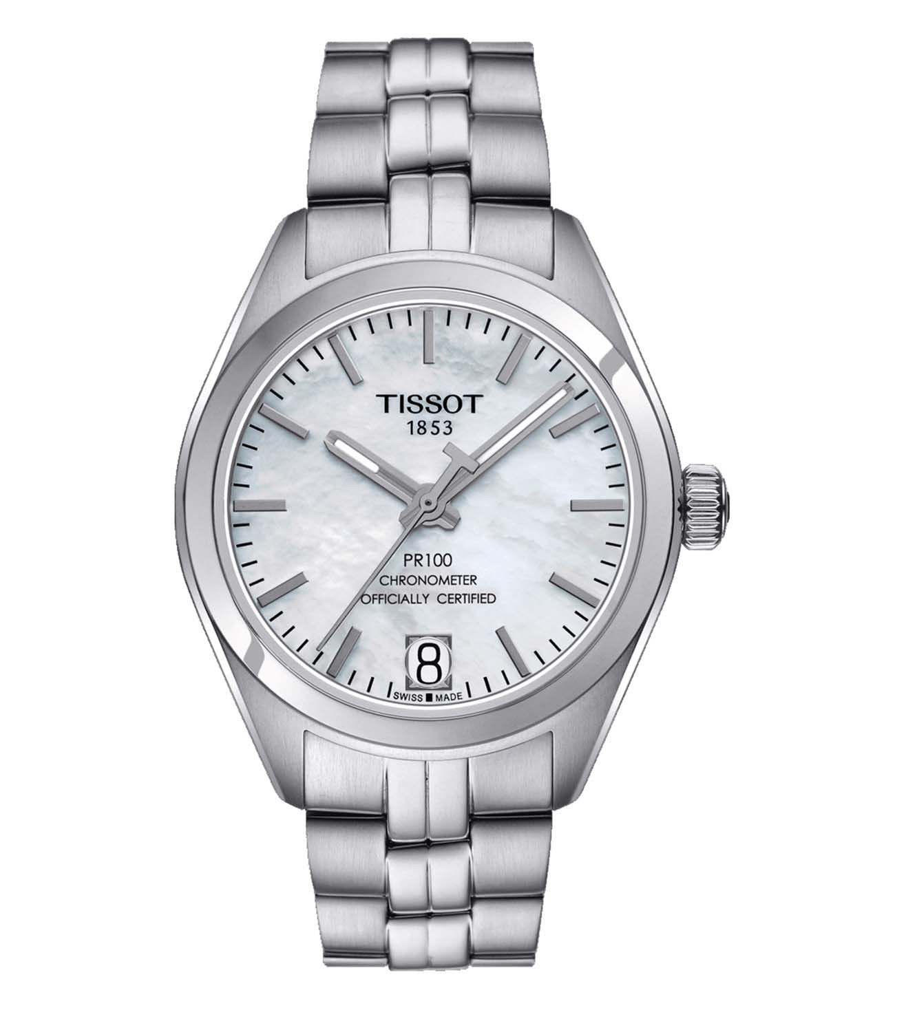 A TISSOT PR 100 Powermatic 80 Lady analog watch for women with a mother of pearl dial, stainless steel band, and a crown for time adjustment.