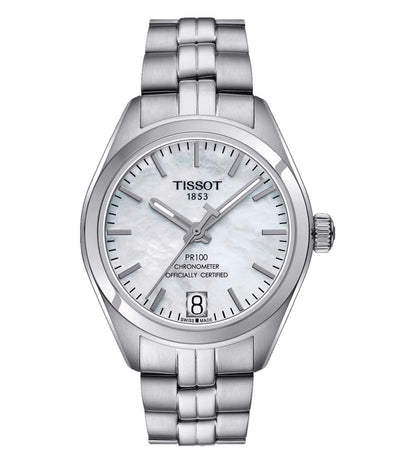 A TISSOT PR 100 Powermatic 80 Lady analog watch for women with a mother of pearl dial, stainless steel band, and a crown for time adjustment.