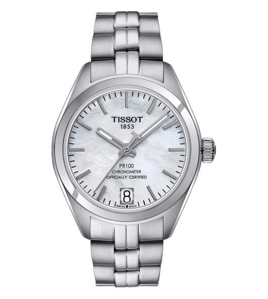 A TISSOT PR 100 Powermatic 80 Lady analog watch for women with a mother of pearl dial, stainless steel band, and a crown for time adjustment.