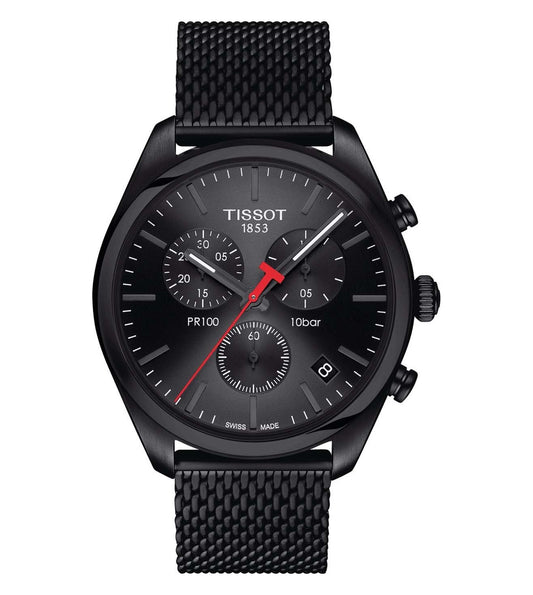 A TISSOT PR 100 Chronograph Watch for Men featuring a black dial, stainless steel case, and matching black strap.