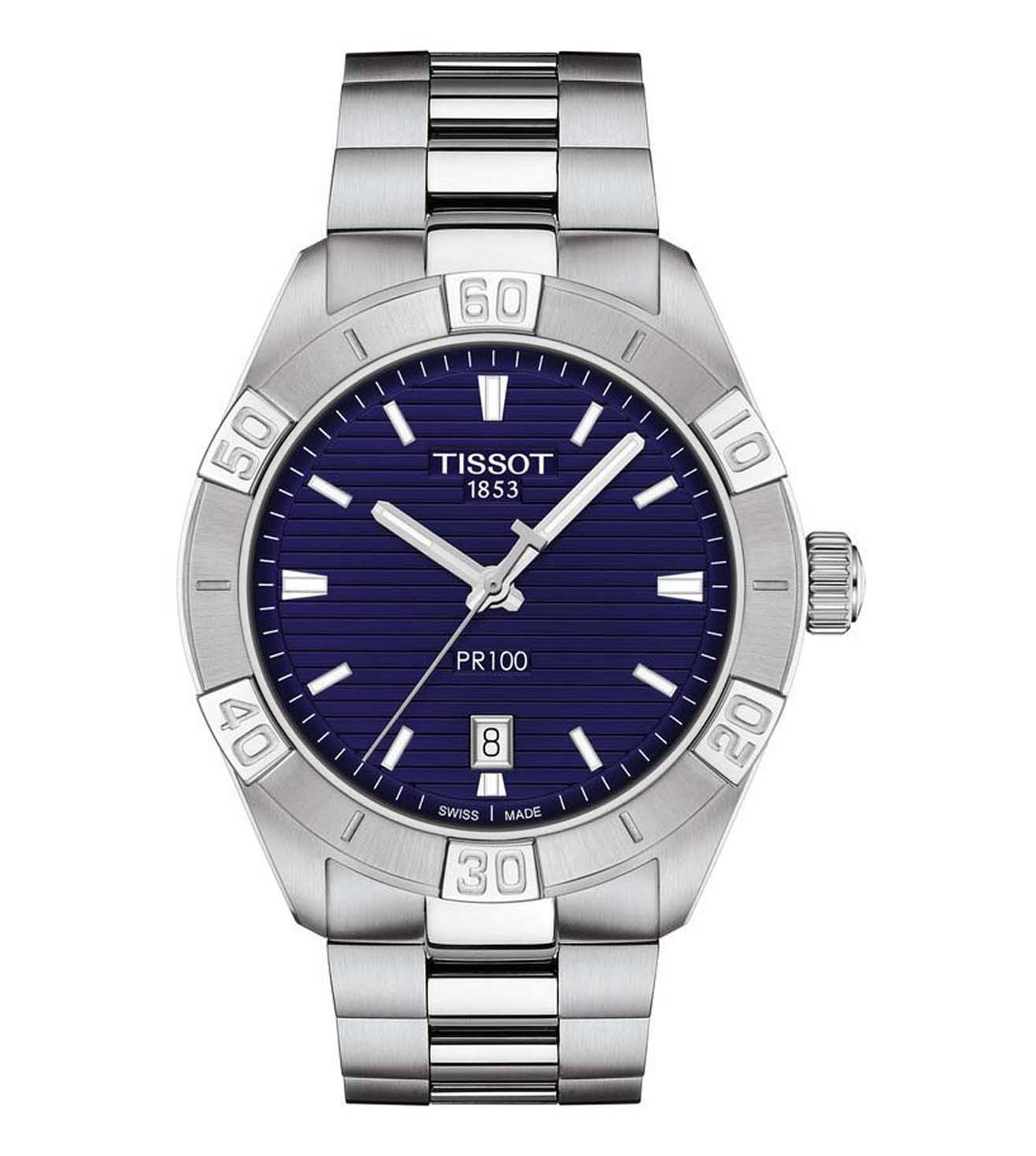 A TISSOT PR 100 SPORT GENT men's analog watch with a blue dial and a stainless steel bracelet.