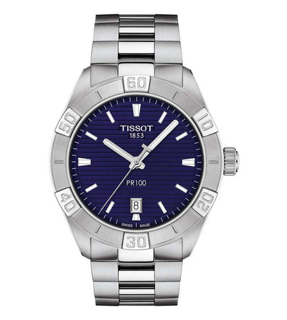 A TISSOT PR 100 SPORT GENT men's analog watch with a blue dial and a stainless steel bracelet.