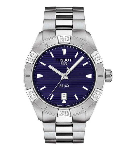 A TISSOT PR 100 SPORT GENT men's analog watch with a blue dial and a stainless steel bracelet.