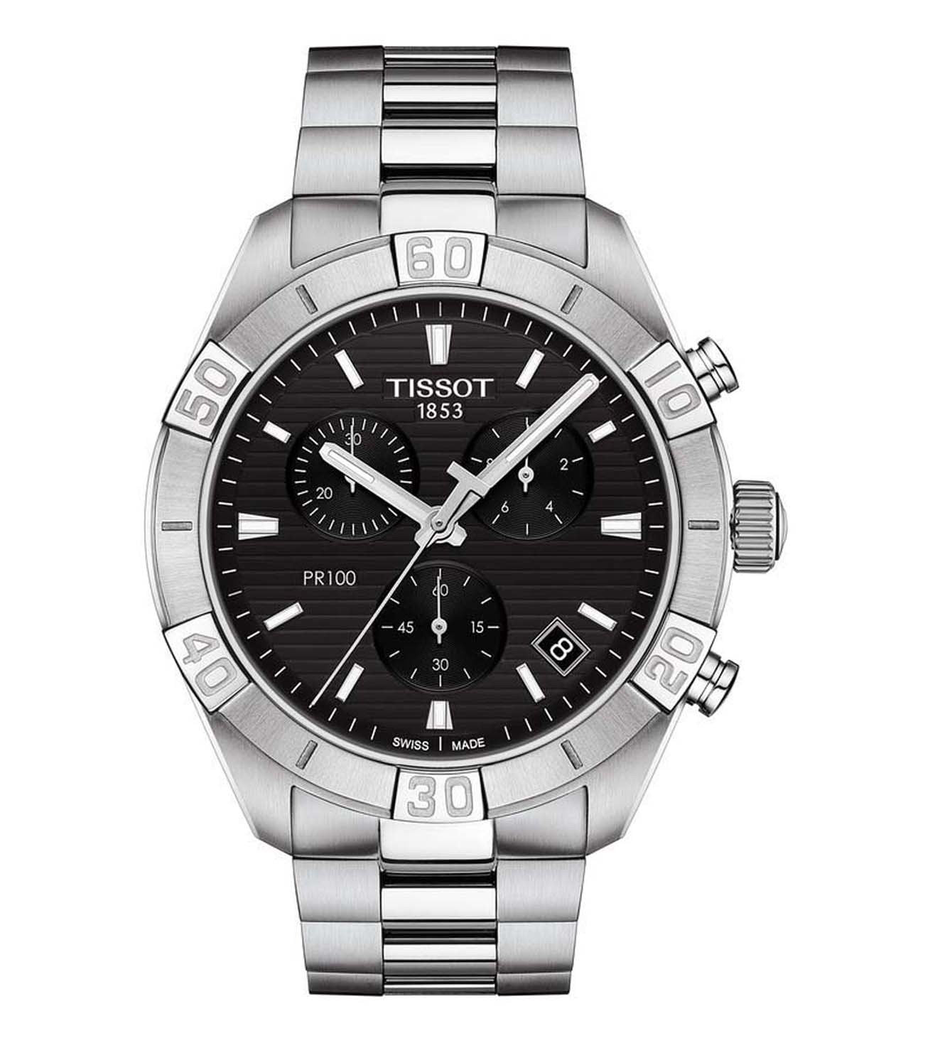 A TISSOT PR 100 SPORT GENT chronograph watch with a black dial, stainless steel strap, and silver case.