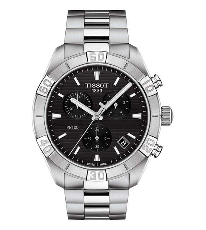 A TISSOT PR 100 SPORT GENT chronograph watch with a black dial, stainless steel strap, and silver case.
