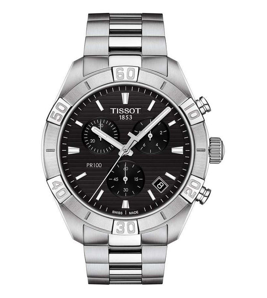 A TISSOT PR 100 SPORT GENT chronograph watch with a black dial, stainless steel strap, and silver case.