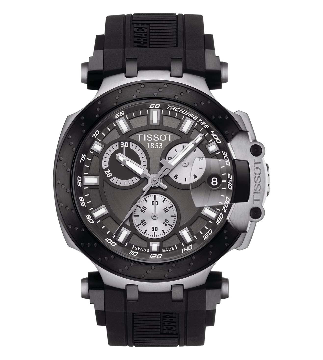 A TISSOT T-Race Chronograph Watch for Men featuring a black silicone strap and a round anthracite dial with chronograph functions.