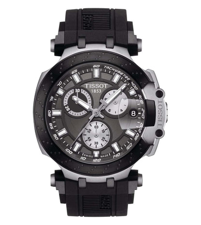 A TISSOT T-Race Chronograph Watch for Men featuring a black silicone strap and a round anthracite dial with chronograph functions.